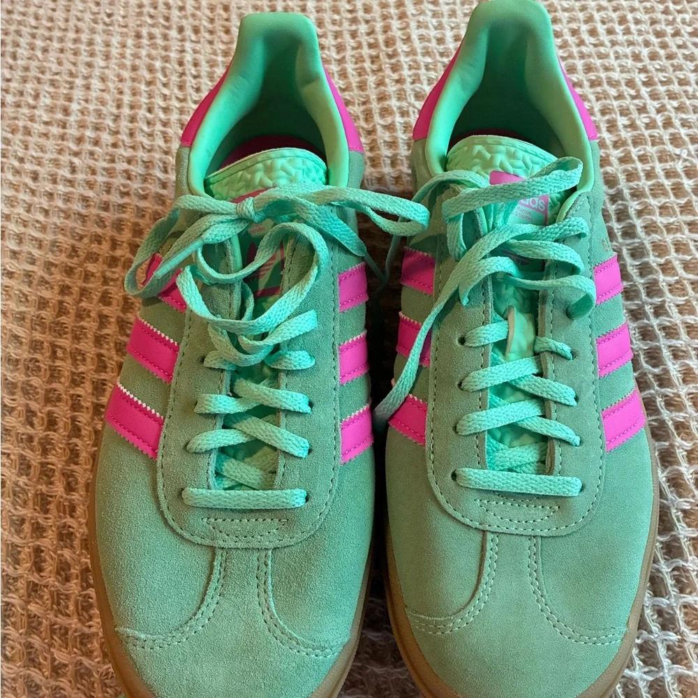 adidas mint green suede sneakers with pink stripes and gum platform